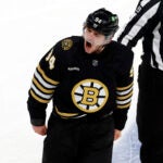 Boston Bruins center Jakub Lauko (94) reacts after a fight in the first period at TD Garden.