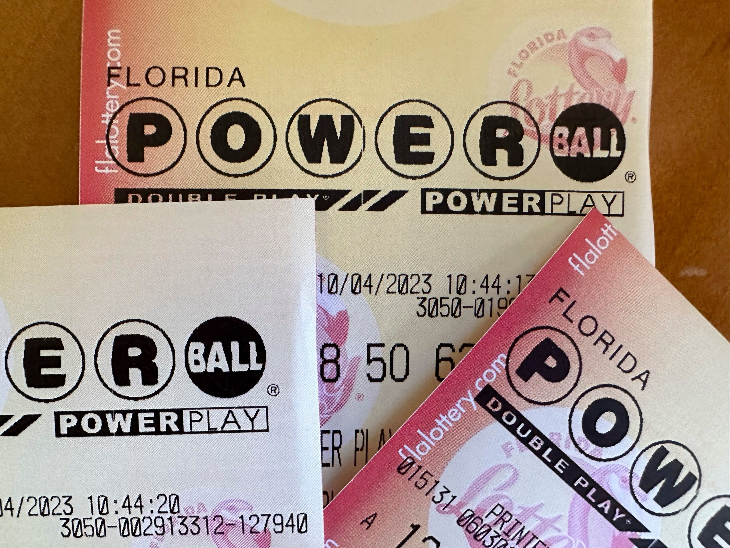 Powerball lottery tickets on display.