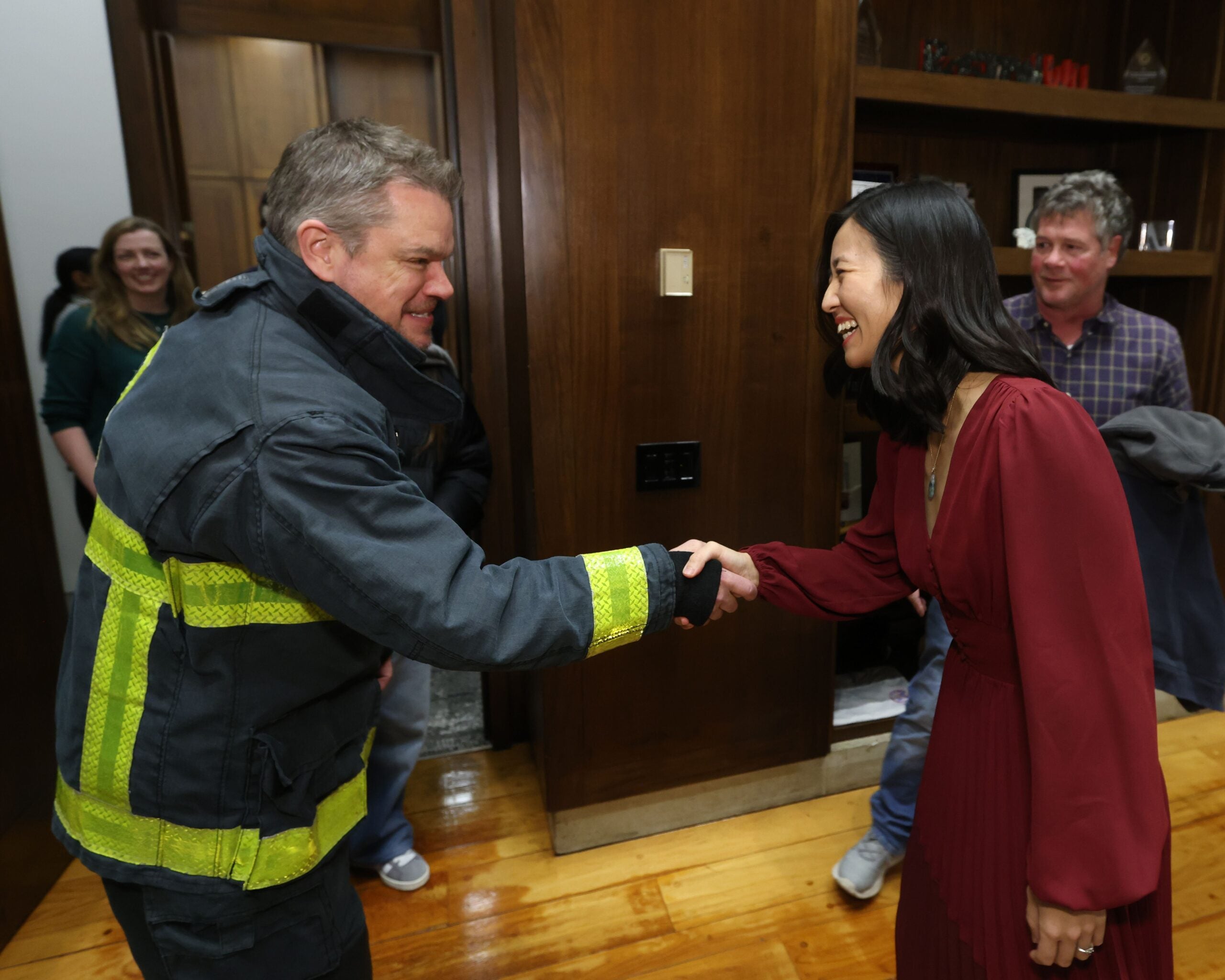 Mayor Michelle Wu, right, met actor Matt Damon in her City Hall office on Tuesday.