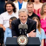 FILE - NCAA President Charlie Baker speaks as the women's and men's NCAA Champion teams from the 2022-2023 season are celebrated during College Athlete Day on the South Lawn of the White House, Monday, June 12, 2023, in Washington.