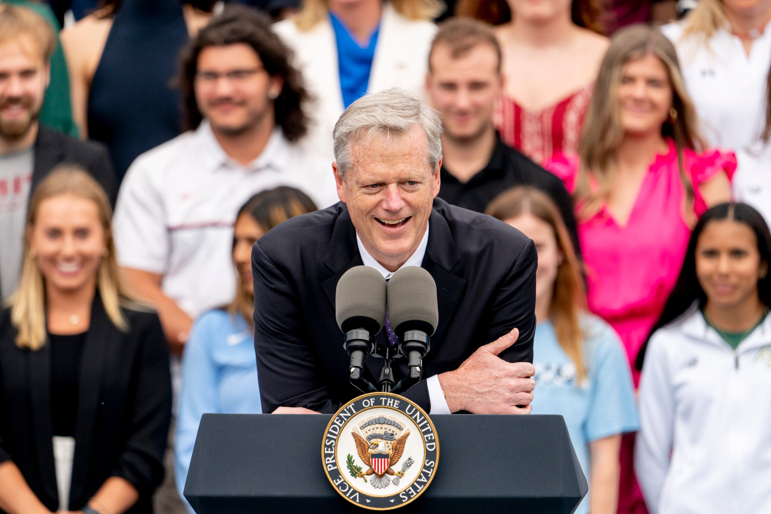 FILE - NCAA President Charlie Baker speaks as the women's and men's NCAA Champion teams from the 2022-2023 season are celebrated during College Athlete Day on the South Lawn of the White House, Monday, June 12, 2023, in Washington.