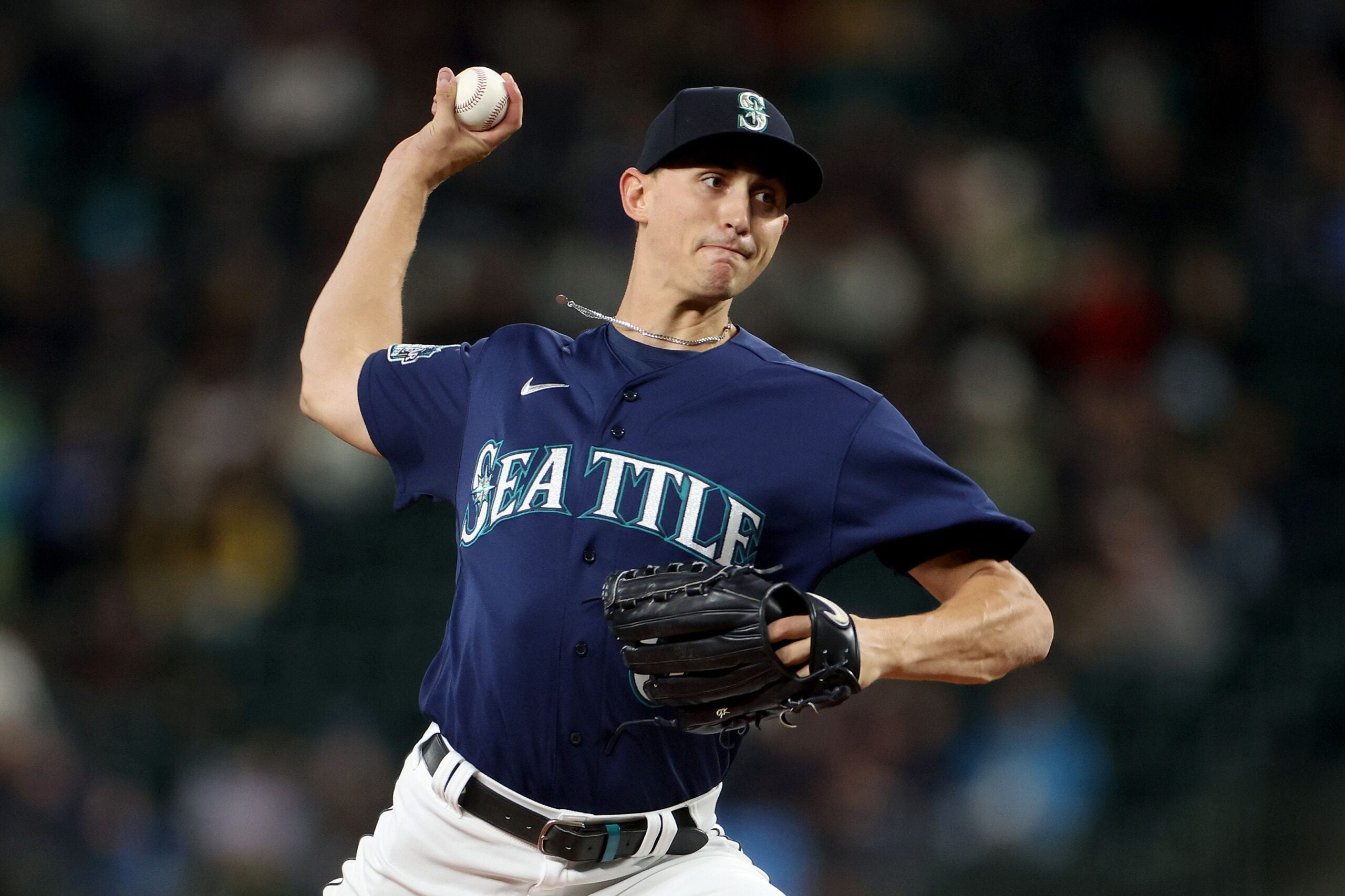 SEATTLE, WASHINGTON - SEPTEMBER 26: George Kirby #68 of the Seattle Mariners pitches during the first inning against the Houston Astros at T-Mobile Park on September 26, 2023 in Seattle, Washington.