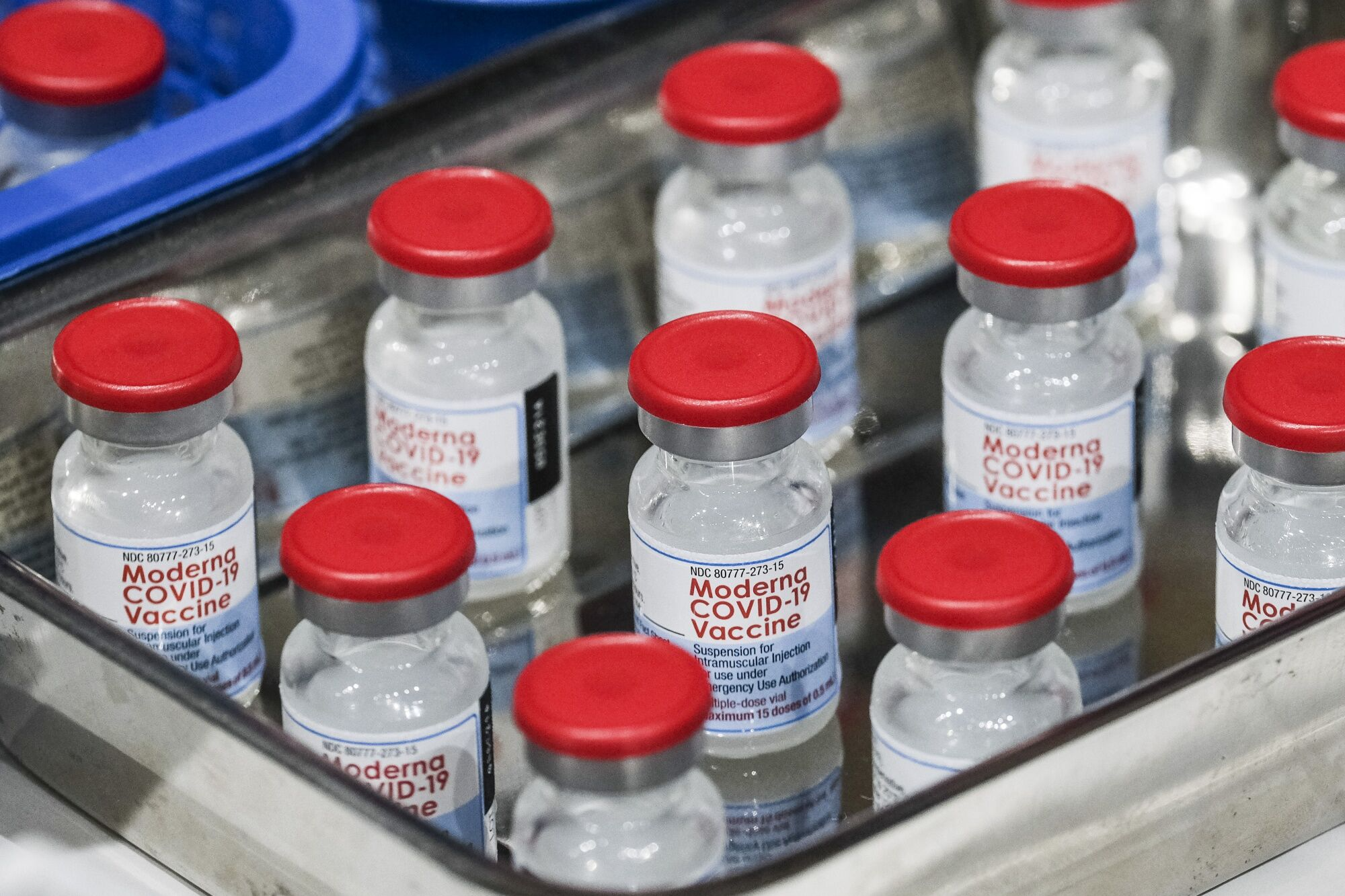 A tray of Moderna vaccine vials